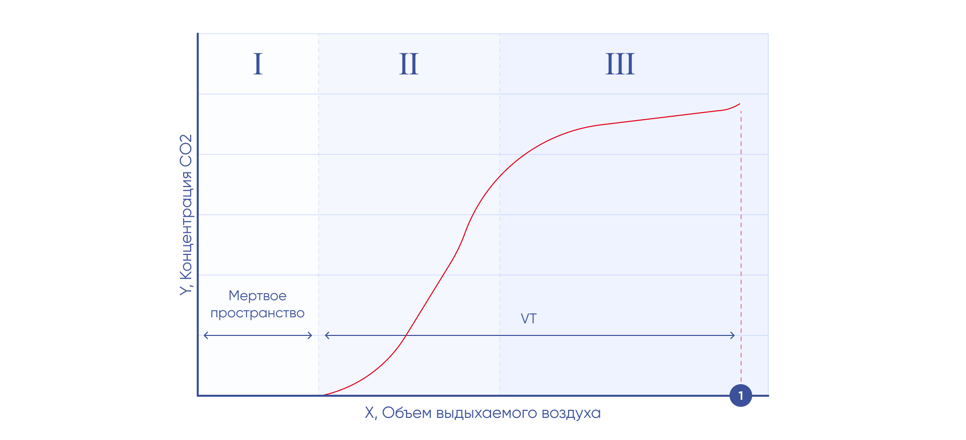 Объемная капнограмма: 7 — объем выделенного CO₂ (область под кривой)